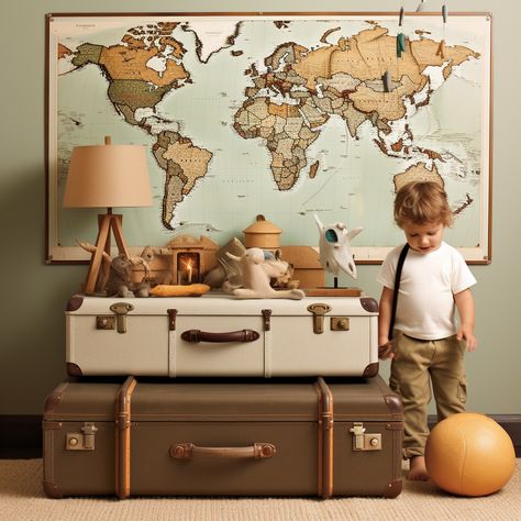 Inspire your baby boy's adventurous spirit with an exploration-themed nursery. World map wall art, vintage suitcases as storage, and travel-themed decor set the stage. Opt for earthy tones and incorporate globes and compasses into the design. World Explorer Nursery, Italy Themed Nursery, Vintage Explorer Nursery, Travel Baby Room, Adventure Nursery Theme, World Traveler Nursery, Adventure Themed Nursery, Airplane Bedroom, Nursery World Map