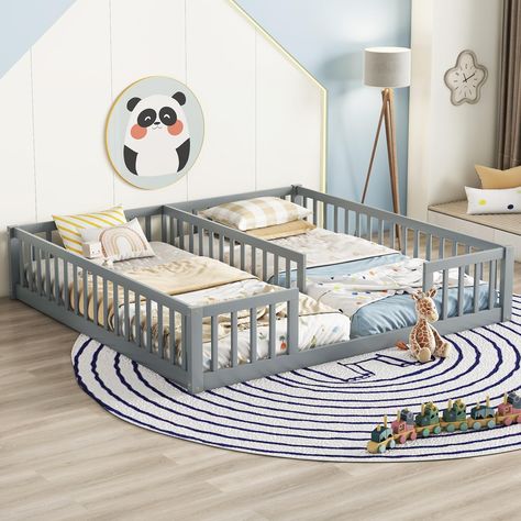 PRICES MAY VARY. 【Floor Bed for 2 Kids】Unique design features two twin beds side by side, great for 2 kids to share bedtime stories together 【Minimalistic, Design】The guardrails surrounding the bed platform, plus one shared opening is made to get in and out easily 【Kids-Friendly Fence Bed】With guardrail and a sturdy pine frame, this floor bed for two kids offers a safe space for your kids to get a good night's sleep 【Solid Construction】Made of high quality pine and MDF, this bed frame is sturdy Floor Platform Bed, Twin Floor Bed, Montessori Floor Bed, Toddler Floor Bed, Floor Bed Frame, Montessori Bed, Wood Platform Bed Frame, Bed Platform, Bed Floor