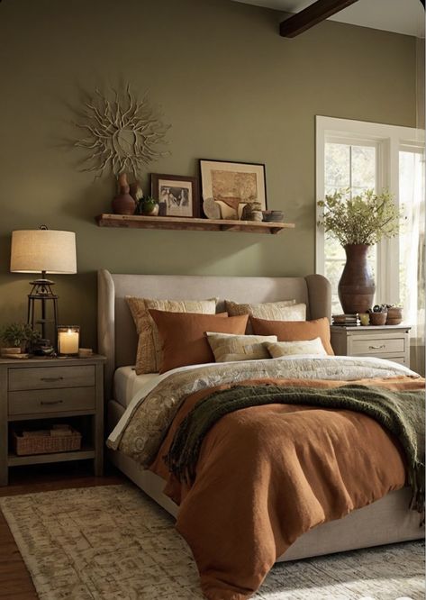 Fall Bedroom Paint Colors, Sherwin Williams Earthy Charm, Cozy Room Paint Colors, Earthy Toned Bedroom, Room With Green Accent Wall, Earthy Tones Interior, Sherwin Williams Mega Greige, Greige Decor, Green Earthy Bedroom