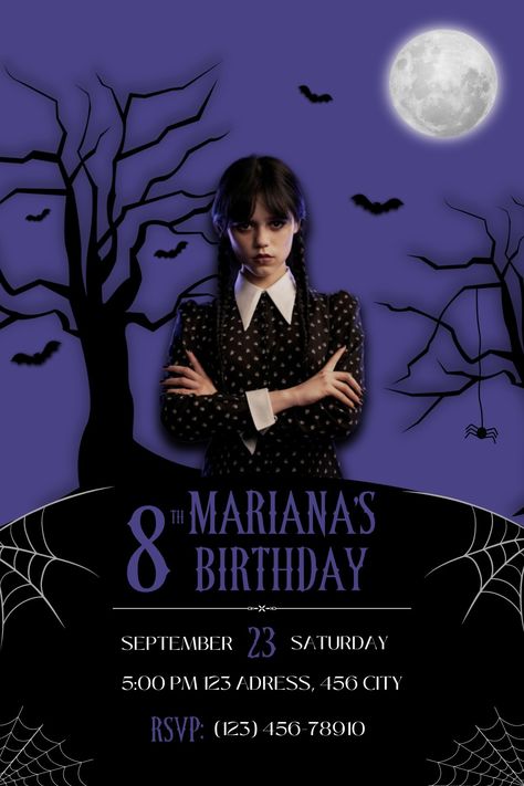 This is a self-edited invitation, you can edit it on canva and share it or print it! :) Wednesday Adams Invitations, Wednesday Addams Birthday, Wednesday Birthday, Wednesday Party, Wednesday Adams, Invitation Digital, Wednesday Addams, 8th Birthday, Birthday Ideas