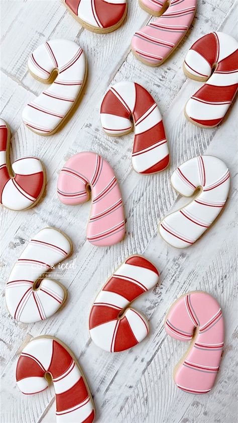 Candy Cane Royal Icing Cookies, Candy Cane Cookies Royal Icing, Candy Cane Decorated Cookies, Candy Cane Sugar Cookies Decorated, Candy Cane Cookies Decorated, Christmas Iced Cookies, December Cookies, Candy Cane Sugar Cookies, 2023 Cookies