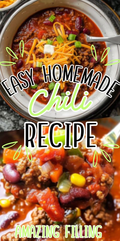 Easy Homemade Chili Recipe—a hearty and flavorful dish that's perfect for chilly days and cozy nights in. Picture a steaming bowl filled with tender chunks of beef, beans, tomatoes, and aromatic spices, simmered to perfection and bursting with savory goodness. Crafting this chili is a Homemade Chilli Recipe, Homemade Chili Beans, Easy Homemade Chili Recipe, Chili Recipe Stovetop, Easy Homemade Chili, Stovetop Chili, Easy Chilli, Homemade Chili Recipe, Homemade Chilli