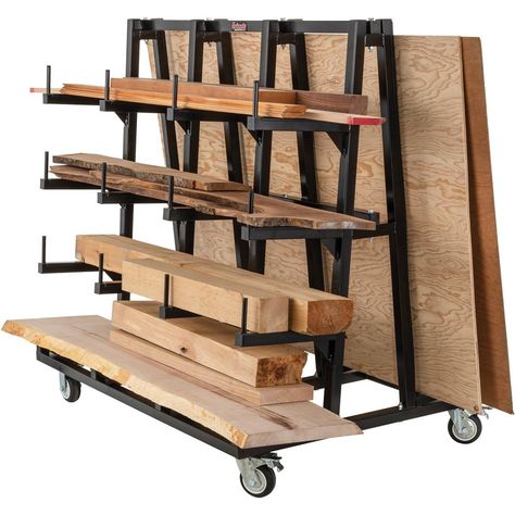 T34007 Lumber and Plywood Cart   Efficient storage for lumber, plywood, drywall, and long materials.   Are you tired of struggling to organize and store your plywood, drywall, lumber, and other lengthy materials? The Grizzly T34007 Lumber and Plywood Cart is the versatile solution you've been waiting for.   Two-in-One Design   This innovative cart not only provides a neat storage solution for lumber and long materials but also dedicates half of its space to securely hold sheet goods such as plyw Wood Shop Storage Ideas Lumber Rack, Small Wood Storage Ideas, Wood Storage Carts, Wood Storage On Wheels, Work Bench Design, Wood Working Station, Mobile Wood Storage Cart, Tractor Implement Storage, Work Trailer Organization Ideas