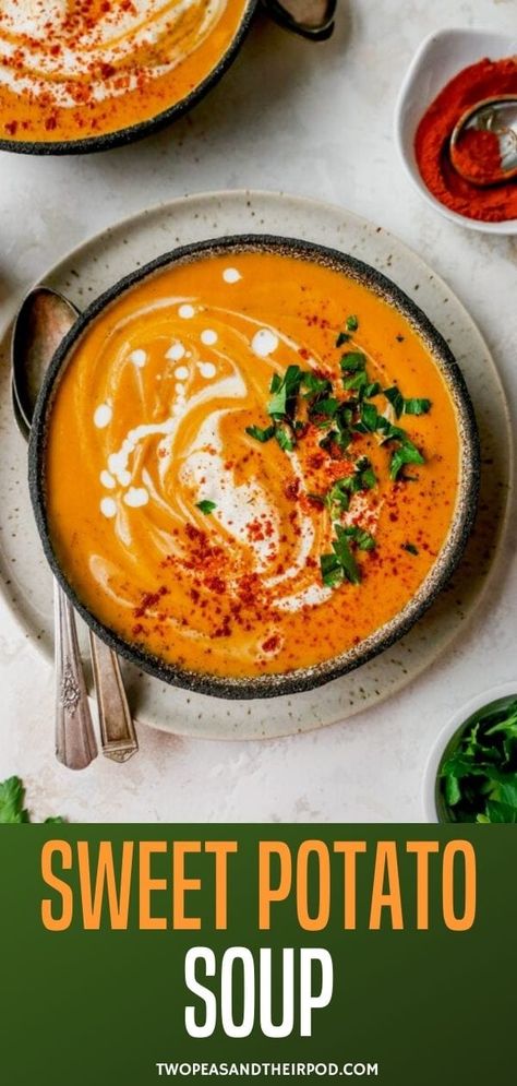 A vibrant, creamy Sweet Potato Soup packed with vegetables, rich smoked paprika, coriander, thyme, and a drizzle of coconut milk makes this healthy vegan soup recipe a winner every time! Healthy Vegan Soup, Potato Soup Recipes, Sweet Potato Soup Vegan, Pantry Meals, Best Sweet Potato, Toasted Baguette, Sweet Potato Soup Recipes, Easy Sweet Potato, Pudding Chia