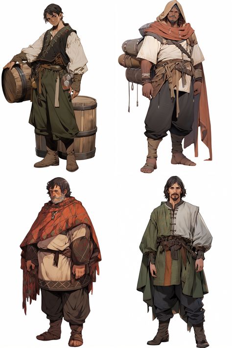 Mountain Man Character Design, Bard Inspired Outfit, Medieval Medic, Nomad Concept Art, Medieval Core Outfit, Traveling Merchant Character Design, Medieval Clothing Art, Villager Character Design, Poor Character Design