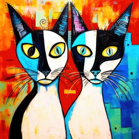 Siamese Picasso - Two Cute Cats - SykArt Designs Cats With Blue Eyes, Picasso Cat, Two Cute Cats, Cat With Blue Eyes, Rainbow Abstract, Abstract Line Art, Siamese Cats, Abstract Lines, Zebras