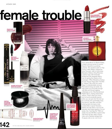 Nylon Magazine Private Icon - Uma Thurman as Mia Wallace in Pulp Fiction Uma Thurman 90s, Pulp Fiction Magazine, 2000s Magazines, Magazine Design Cover, Mac Cosmetics Lipstick, Parfum Chanel, Cover Magazine, Nylon Magazine, Magazine Collage