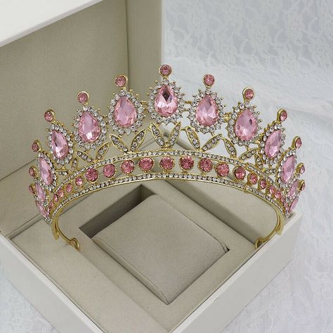 Pink Quince Crown Big, Quince Gifts For Her, Pink Quince Jewelry, Pink Quince Crown, Pink And Gold Crown, Baroque Women, Quince Crowns, Quince Crown, Crystal Wedding Crown