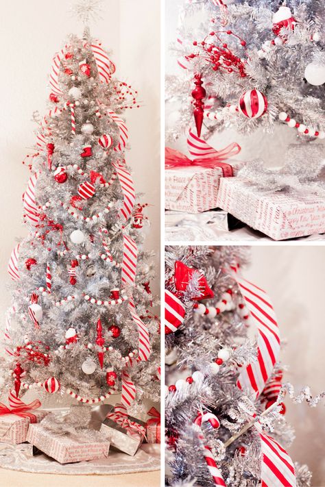 Candy Cane Christmas Tree |  Jesse Coulter Blog #silverchristmastree #christmastree #silvertree #silverchristmasdecorations #candycanetree #candycaneornaments #holidaydecor #redandwhitechristmas #peppermintdecorations #candycanedecorations Silver Tinsel Tree Decorating Ideas, Holiday Warehouse, Silver Tinsel Christmas Tree, Cane Decorations, Tree Tinsel, Christmas Trees Decorated, White Christmas Tree Decorations, Candy Cane Crafts, Tinsel Christmas