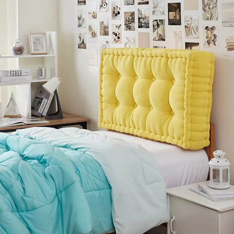 Yellow Dorm Room, College Headboard, Headboard Dorm, Camp Room, Yellow Headboard, Organization Dorm, Dorm Bedding Twin Xl, Dorm Room Headboards, Aesthetic Dorm Room