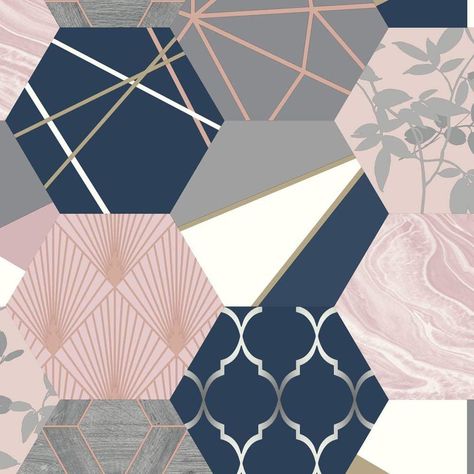 Rasch Wallpaper, Grey And Gold Wallpaper, Pink Geometric Wallpaper, Tapete Gold, Hexagon Wallpaper, Hexagon Patchwork, Gold Color Scheme, Navy Wallpaper, Teal Wallpaper