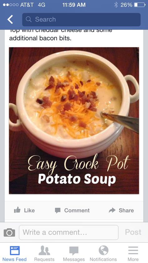 1 30oz. bag of frozen diced hash browns 1 32 oz box of chicken broth 1 can of cream of chicken soup (10 oz) 1 pkg. cream cheese (8 oz, not fat free) 3 oz bacon bits  1 cup shredded cheddar cheese   Put the potatoes in the crockpot. Add in the chicken broth, cream of chicken soup and half of the bacon bits. Add a pinch of salt and pepper.  Cook on low for 8 hours or until potatoes are tender.  An hour before serving, cut the cream cheese into small cubes. Place the cubes in the crock pot. Easy Crockpot Potato Soup, Crock Pot Potato Soup, Crock Pot Potato, Crockpot Potato Soup, Crockpot Potato, Cheesy Potato Soup, Crock Pot Potatoes, Potato Soup Crock Pot, Baked Potato Soup