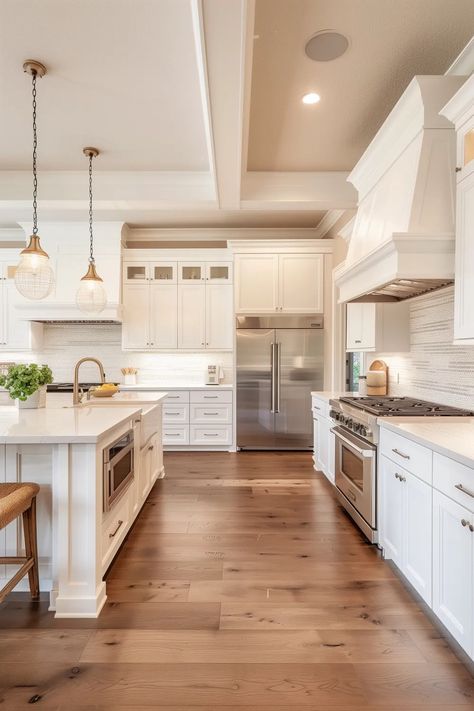 White Kitchen Cabinets With White Oak Floors, White Kitchen With Walnut Floors, Light Floor White Cabinets, White Cabinets And Flooring, White Kitchen And Flooring, Kitchen Wood Floor White Cabinets, White Wood Floors Kitchen, Medium Wood Floors Kitchen, Kitchen Ideas Light Floors