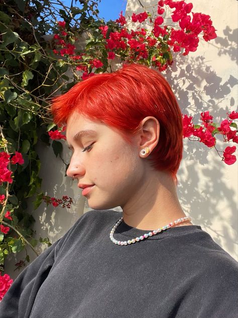 Red Orange Short Hair, Bright Red Pixie Haircut, Bright Orange Red Hair, Short Bright Hair, Shaved Red Hair, Sunset Orange Arctic Fox Hair, Red Buzzcut Women, Orange Pixie Hair, Very Short Red Hair