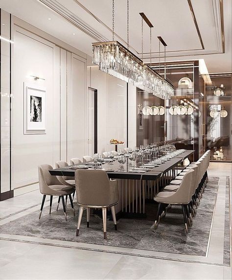 Luxurious Dining Room Design, Luxury Dinning Room Decor, Dinning Room Designs Modern Luxury, Massive Dining Room, Dining Room Design Modern Chic, Elegant Dining Room Luxury, Big Dining Room Table, Mansion Dining Room, Modern Luxury Dining Room