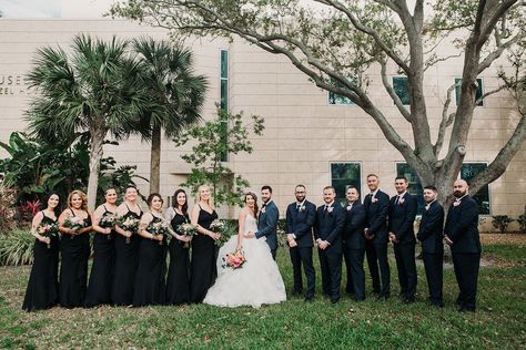 Tampa Bay Bride, Groom, Bridesmaids, and Groomsmen Wedding Portrait, Bridesmaids in Matching Black Dresses, Groomsmen in Navy Blue Suits Groomsmen In Navy, Bridesmaids In Black, Navy Blue Suits, Navy Blue Groom, Navy Groomsmen, Groomsmen And Bridesmaids, Blue Groomsmen, Navy Groom, St Pete Wedding