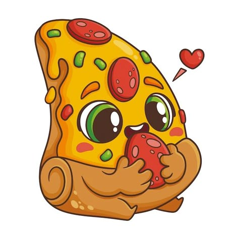 Cartoon Food Characters, Food With Faces Illustration, Pizza Cartoon Cute, Food With Faces Drawing, Cute Food Characters, Pizza Cartoon Illustrations, Cute Pizza Drawing, Food Cartoon Illustration, Cartoon Pizza