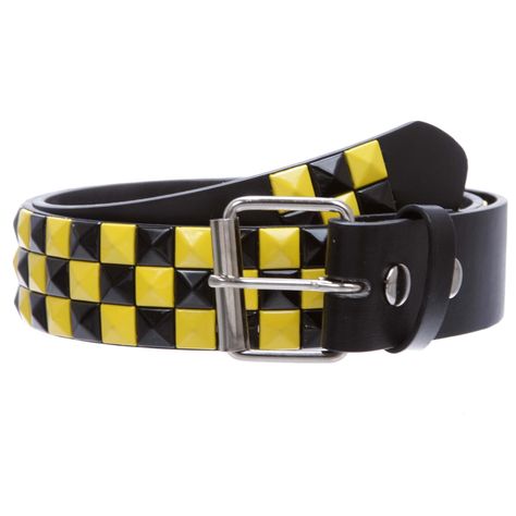 PRICES MAY VARY. Snap on, interchangeable roller buckle Yellow & Black checkerboard studs have rounded prongs on the backs to prevent snagging on pants like all studded belt owners know about. Material: synthetic leather with quality PU leather Width: 1 1/2" (38 mm) Sizing: This belt is measured from inside edge of buckle to the center hole, the 3rd hole from the tip end. order 2 inches larger than pants size for best fit. e.g. S 30"-32" fits pants size 28"-30"; M 33"~35" fits pants size 31"-33" Yellow Punk Outfits, Emo Accessories, Silly Clothes, Yellow Belt, Kids Belt, Punk Accessories, Scene Outfits, Black Stud, Studded Belt