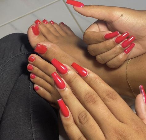 Red Toe Nails Black Women, Red Nails And Toes Matching, Red Acrylic Toe Nails, Red Acrylic Toes, Red Nails And Toes, Red Nails Black Women, Black And Red Nails Acrylic, Res Nails, Red Toe Nails