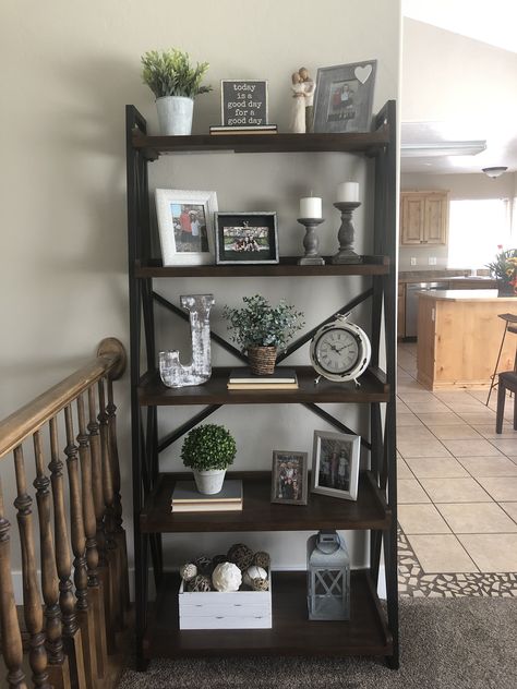 Farmhouse decor ladder shelf What To Put On A Ladder Shelf, Book Shelf Ladder Decor, Decorating Standing Shelves, Tiered Wall Shelf Decor, Top Of Book Shelf Decor, Ladder Shelf Coffee Bar, Coffee Bar Ladder Shelf, Farmhouse Decor Bookshelf, Bookshelves Farmhouse Style