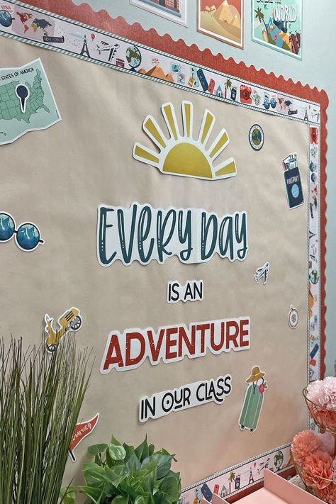 Social studies bulletin board inspiration from Let's Explore by Carson Dellosa Travel Bulletin Board Ideas, Geography Bulletin Board, Travel Bulletin Boards, Mountain Classroom, Social Studies Bulletin Boards, Journey Theme, Travel Classroom, Woodland Classroom, Travel Theme Classroom