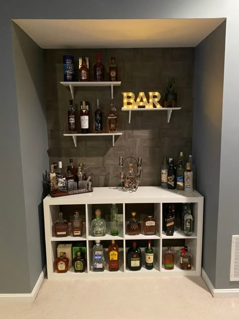 Small Bar Diy Ideas, Cantina Bar Ideas House, Bar Nook Ideas Living Room, Mini Bar In Bedroom Ideas, Cube Storage Snack Bar, Mini Bar In Basement Ideas, In Home Mini Bar, Simple Bar Ideas For Home, House Mini Bar Ideas