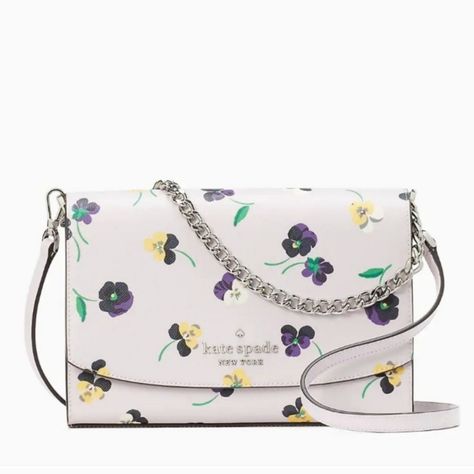 Nwt Kate Spade Convertible Chain Crossbody Pink/Light Purple Pansy With Print Size 9.12"W - 6.87"H - 2.56"D Handle Drop: 6.75" Strap Drop: 22" Material: Saffiano Leather Metal Pinmount Logo No Dust Bag With Tag Pink/Light Purple With Floral Print Color With Silver Accents Two Way Spade Jacguard Lining Back Has Pocket For Emergency Cash, Gift Cards, Receipts, Etc. Interior & Exterior Has Black Slip Pockets Comfortable And Professional Business Look Cute, Sexy, Professinal, Elegant, Comfortable Fo Elegant Silver Kate Spade Bag, Kate Spade Silver Bag, Purple Pansy, Cash Gift, Vintage Heels, Work Party, Kate Spade Handbags, Pink Light, Black Slip Ons