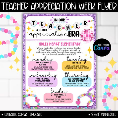 Teacher and Staff Appreciation Week Theme Flyer, Editable Canva Template PTA PTO Event Flyer, in My Era Taylor Inspired Themes Ideas - Etsy Pta Themes, Appreciation Themes, Teacher Appreciation Week Themes, Teacher Appreciation Themes, Pta Ideas, Staff Appreciation Week, In My Era, Digital Printing Services, Staff Motivation