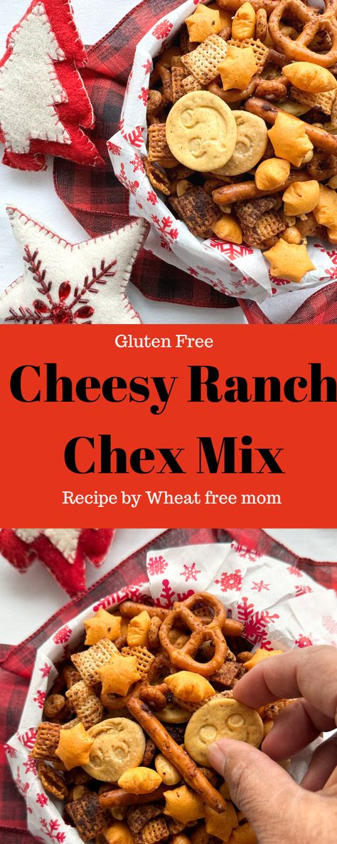 Gluten-Free Cheesy Ranch Chex Mix Gluten Free Chex Party Mix Recipe, Gluten Free Ranch Chex Mix Recipes, Gluten Free Dairy Free Chex Mix Recipes, Cheesy Chex Mix, Cheesy Ranch Chex Mix, Snack Mix With Kix Cereal, Bold Party Chex Mix Recipe, Ranch Chex, Gluten Free Ranch Dressing