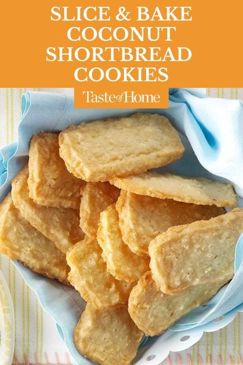 Slice & Bake Coconut Shortbread Cookies Taste Of Home Slice And Bake Coconut Shortbread Cookies, Coconut Shortbread Cookies Recipe, Lilikoi Shortbread Cookies, Coconut Baked Goods, Shortbread Flavor Ideas, Coconut Baking Recipes, Best Cookie Recipes Ever, Melt In Your Mouth Shortbread Cookies, Coconut Biscuits Recipes