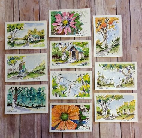 Erik Davis - Watercolor Postcards - Strathmore Artist Papers Artist Trading Cards Watercolor, Post Card Painting, Watercolor Post Cards, Postcard Watercolor Ideas, Postcard Painting Ideas, Postcard Drawing Ideas, Postcards Drawing, Painting Postcards, Postcards Watercolor