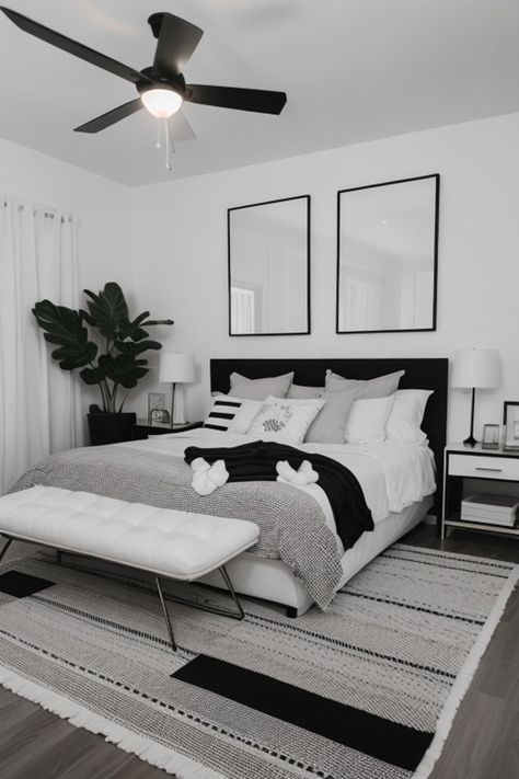 Black And White Aesthetic Interiors, Master Bed Interior Design, Black White Bedroom Design, Black And White Modern Bedroom Ideas, Black And White Bedroom Inspirations, Black And White Room Inspiration, Bedroom Ideas White And Black, Black And White Bedroom Decor Ideas, Room Decor Black Furniture