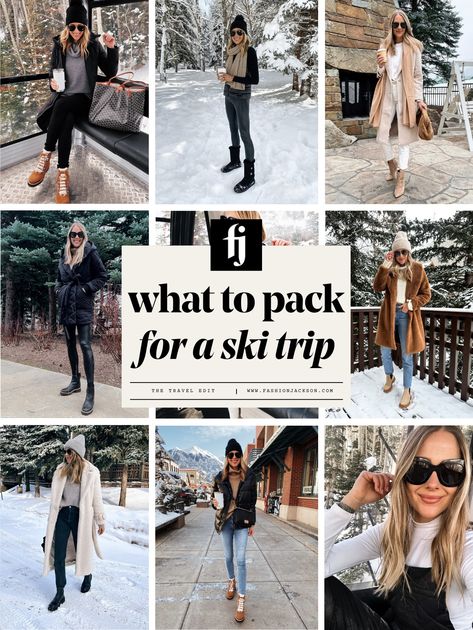 What to Pack for a Ski Trip: Best Gear & Outfit Guide - Fashion Jackson Mountain Day Trip Outfit, Park City Style Winter, Ski Chic Outfit Winter Style, Packing For Skiing Trip, Packing For Aspen Winter, After Ski Outfits For Women, Aspen Going Out Outfits, Ski Travel Outfit, What To Pack For A Ski Trip To Colorado