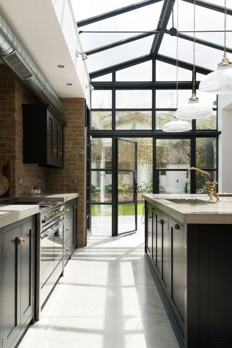 Take a tour of this beautiful Shaker Kitchen in South London with polished concrete floor, concrete worktops, 'Pantry Blue' cupboards and brass details Devol Shaker Kitchen, Concrete Kitchen Floor, Devol Kitchens, English Kitchens, Concrete Kitchen, Hus Inspiration, Shaker Kitchen, Kitchen Extension, Industrial Kitchen