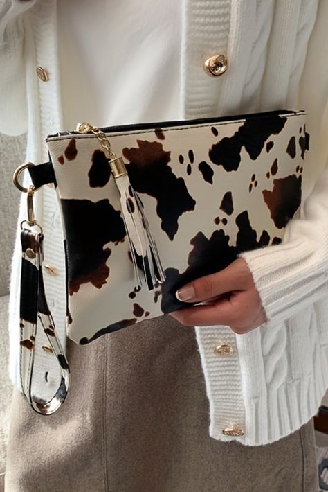 $3.98 White Cow Print Wrist Strap Zipped Wallet Wholesale White Cow Print, Zip Purse, White Cow, Printed Handbags, Wholesale Handbags, White Tote, Cow Pattern, Zipper Wallet, Zip Wallet