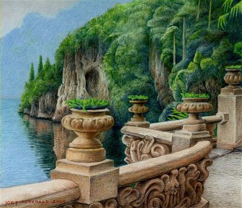 Daily Paintworks - "Villa Balbianello" - Original Fine Art for Sale - © Joe Fitzgerald Colour Pencil Art Landscapes, Scenery Drawing Pencil, Pencil Colour Painting, Pencil Sketches Landscape, Drawing Landscapes, Colored Pencil Artwork Ideas, Villa Balbianello, Panda Artwork, Watercolor Pencil Art