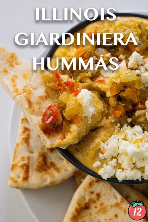 Illinois Giardiniera Hummus | 12 Tomatoes Feta Hummus, Hummus Appetizers, Hummus Flavors, Italian Sausage Sandwich, 12 Tomatoes Recipes, Sausage Sandwiches, Fermented Vegetables, Snack Dip, 12 Tomatoes