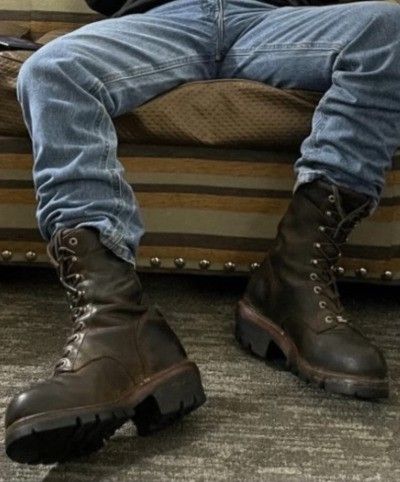 Combat Boots Aesthetic, Logger Boots, Cowboy Aesthetic, Joel Miller, Dean Winchester, Boots Outfit, Brown Boots, Work Boots, Walking Dead