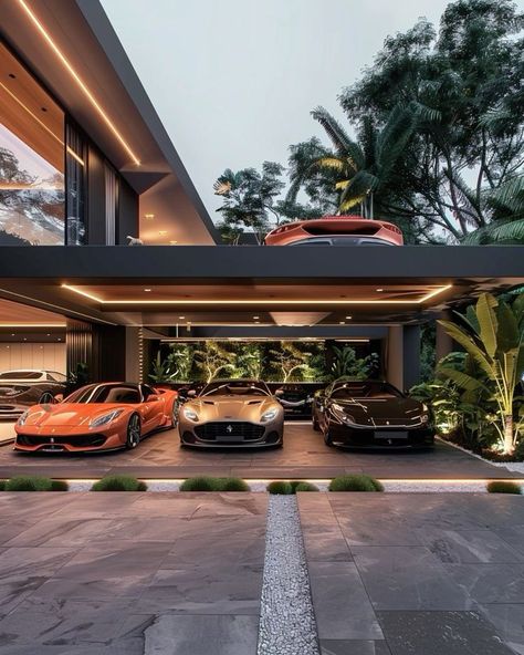 Dream Car Garage Luxury, Luxury Carport Design, Luxury Parking Garage, Dream Garage Luxury, Car Porch Design Modern, Luxury House Garage, Car Parking Design Home, Luxury Car Garage Design, Luxury Parking