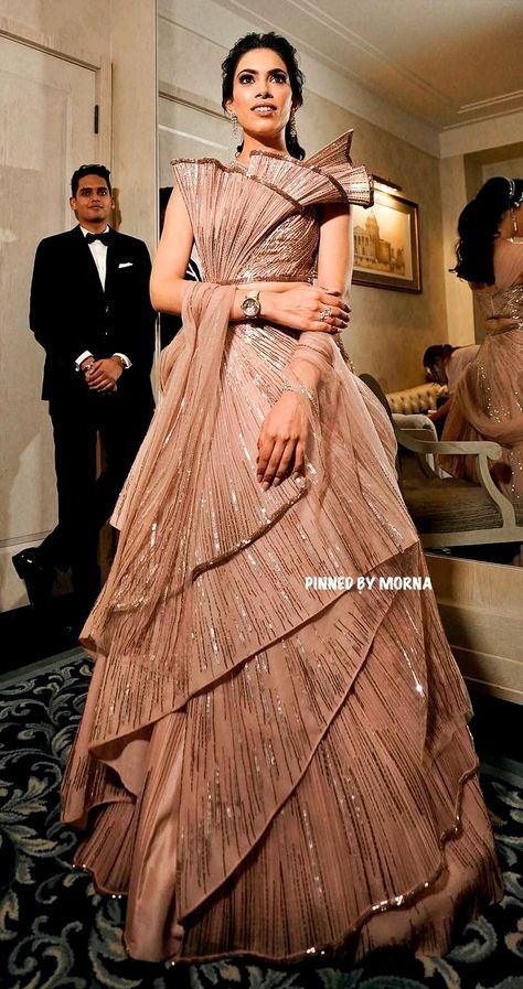 Gown For Sangeet Function For Sister, Gourav Gupta Gowns, Indian Bride Reception Outfit, Cocktail Gowns Indian Weddings, Gaurav Gupta Lehenga, Sangeet Outfits For Bride, Reception Dress Bride Indian Gown, Indian Reception Dress, Reception Dress Bride Indian