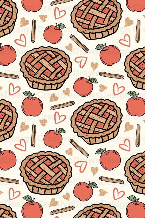 A High Quality Digital Seamless Pattern of Red Apples and Apple Pie. This Apple Pie Digital Repeating Digital Paper File is perfect for Fall and Thanksgiving. A Seamless Pattern Design by CreativeDrawsDesign for Personal and Commercial use. Cute Cinnamon Apple Pie and Hearts Surface Pattern. Thanksgiving Apple Watch Background, Thanksgiving Seamless Pattern, Fall Apple Wallpaper, Thanksgiving Cute Wallpaper, Fall Seamless Pattern, Apple Pie Wallpaper, Apple Pie Drawing, Apple Pie Illustration, Fall Themed Wallpapers