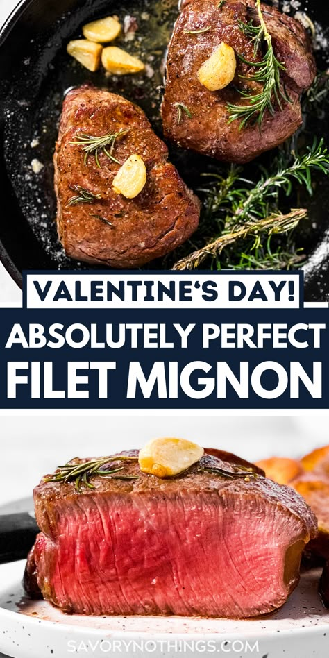 This is the perfect way to cook filet mignon at home - simple, flavorful and absolutely juicy. Great for Valentine's Day or any time you want to make a special dinner! | #valentinesday #dinner #datenight #datenightin #valentinesdayrecipes #beef #beefrecipes #dinnerideas #easyrecipes #filetmignon Skillet Filet Mignon, Best Filet Mignon Recipe, Perfect Filet Mignon, Pan Seared Filet Mignon, Filet Mignon Recipe, Mignon Steak, Filet Mignon Recipes, Filet Mignon Steak, Home Simple