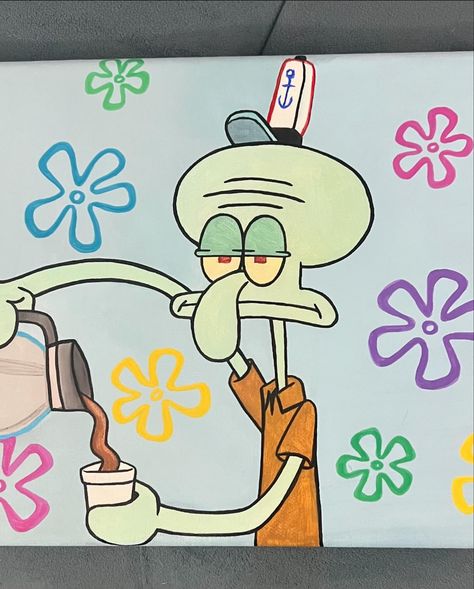 I relate to squidward, lol #spongebob #squidward #canvas #art #painting #paintmarkers #acrylic #acrylicpainting #coffee Gary Spongebob Painting, Squidward Art, Squidward Painting, Spongebob Squidward, Creative Pumpkin Painting, Spongebob Painting, I Relate, Creative Pumpkins, Cartoon Painting