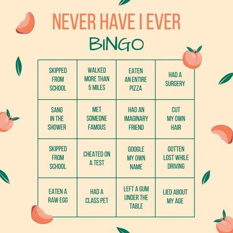 Bingo Never Have I Ever, Have You Ever Bingo, Never Have I Ever Template, Never Have I Ever Bingo, Twilight Songs, School Pizza, Bingo Card Template, Class Pet, Bingo Template