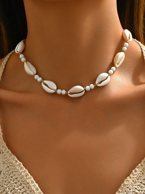 1 pieza Collar de concha hecho a mano con cuentas de moda para mujeres, adecuado para playa, vacaciones, fiestas y uso diario Blanco    Conchas     Women Fashion Jewelry, size features are:Bust: ,Length: ,Sleeve Length: Collar Conchas, Beaded Shell, Fotos Ideas, Clay Bead, Seashell Necklace, Watches Women Fashion, Beaded Choker Necklace, Shell Necklace, Adjustable Necklace