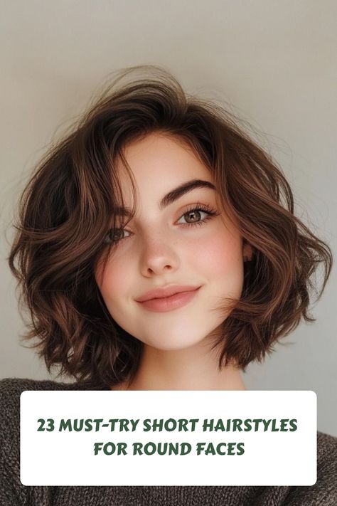 Click for More ➡️ | Save for Later ❤️  A tousled bob with loose waves gives a relaxed and effortless look. Chocolate brown color adds richness and depth, perfect for a natural yet stylish appearance. (Tousled Bob with Chocolate Brown - Short Hairstyles For Round Faces) #ShortHair Brunette Bob Round Face, Short Length Wavy Hair, Chin Length Haircuts For Round Faces, Wavy Bob Round Face, Italian Bob Round Face, Short Wavy Hair For Round Face, Italian Bob Haircut Wavy, Short Wavy Haircuts For Round Faces, Old Money Bob Haircut