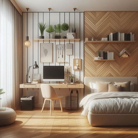 Bedroom Office Ideas Modern Bedroom With Workspace, Bedroom And Office Combo Ideas Modern, Bedroom Office Inspirations, Guest Bedroom Ideas Mid Century, Bedroom And Office Layout, Office Second Bedroom Ideas, Small Bedroom And Office Combo Ideas, Home Office And Bedroom Combo, Small Home Office Ideas Bedrooms