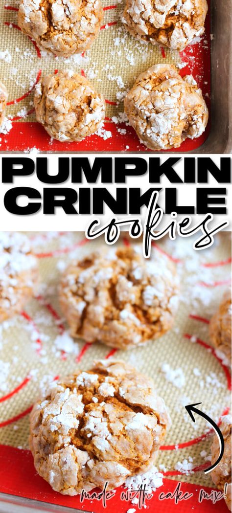 BEST PUMPKIN CRINKLE COOKIES Pumpkin Crinkle Cookies Cake Mixes, Crinkle Cookies Cake Mix, Pumpkin Crinkle Cookies, Pumpkin Sweets, Spice Cake Mix And Pumpkin, Crackle Cookies, Bars Cookies, Spiced Cake, Crinkle Cookies Recipe