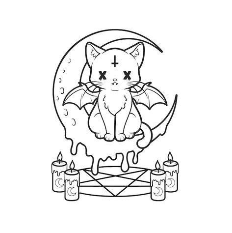 Goth Kawaii, Witch Coloring Pages, Cat Coloring, Spooky Tattoos, Adult Coloring Designs, Cat Coloring Page, Cartoon Coloring Pages, Vector Cartoon, Halloween Coloring Pages