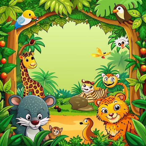 a picture of animals and animals with a jungle background Picture Of Animals, Jungle Background, Themes Photo, Edit Video, Jungle Theme, Cartoon Jokes, Animal Pictures, Animal Art, Graphic Resources